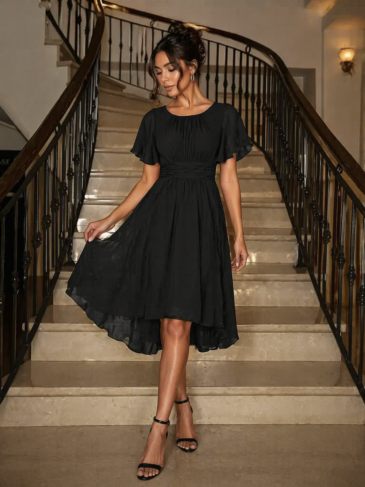 ever EDEN|Flowy Chiffon Round Neckline A-Line Knee Length Wedding Guest Dress