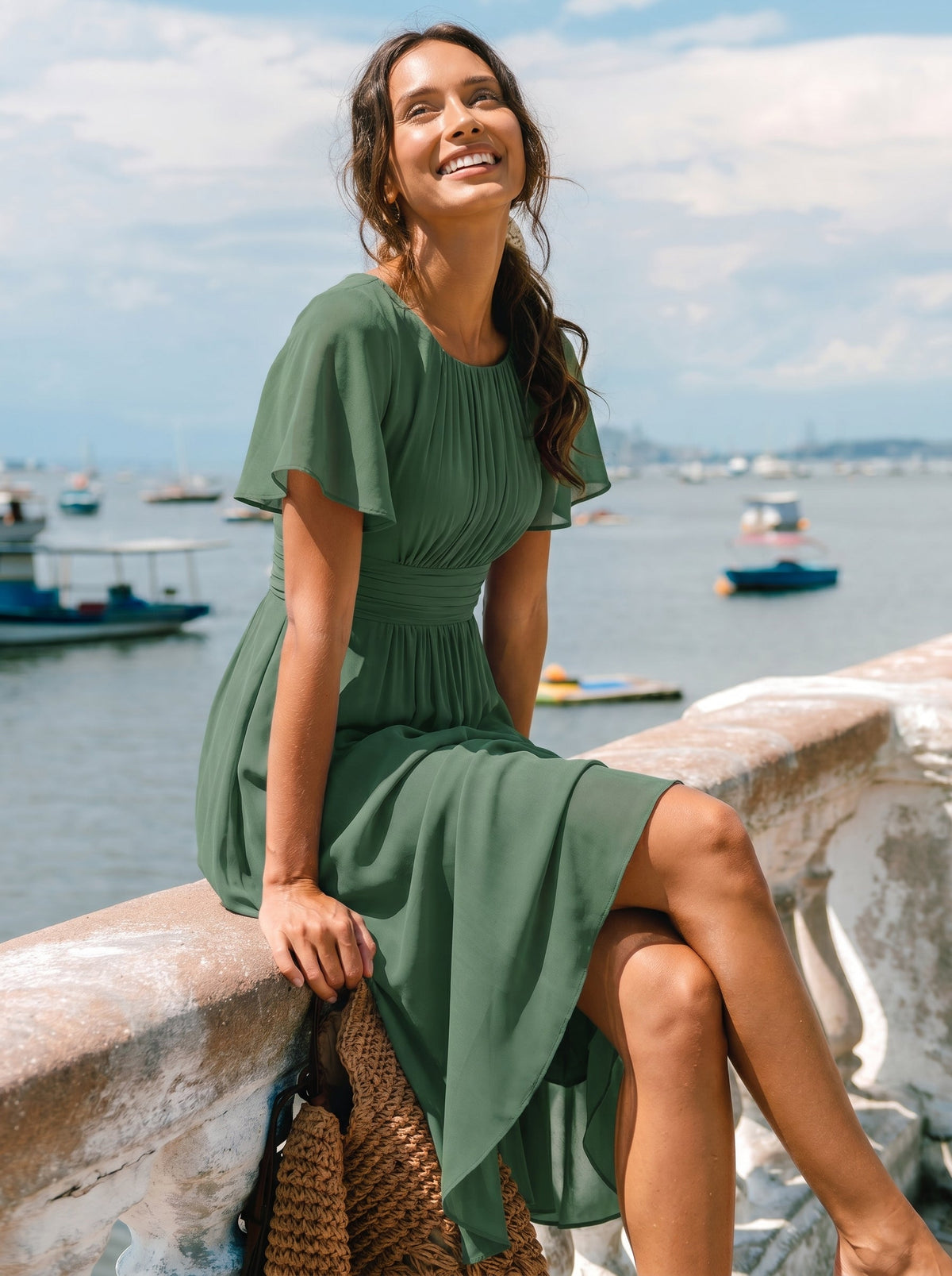 ever EDEN|Flowy Chiffon Round Neckline A-Line Knee Length Wedding Guest Dress