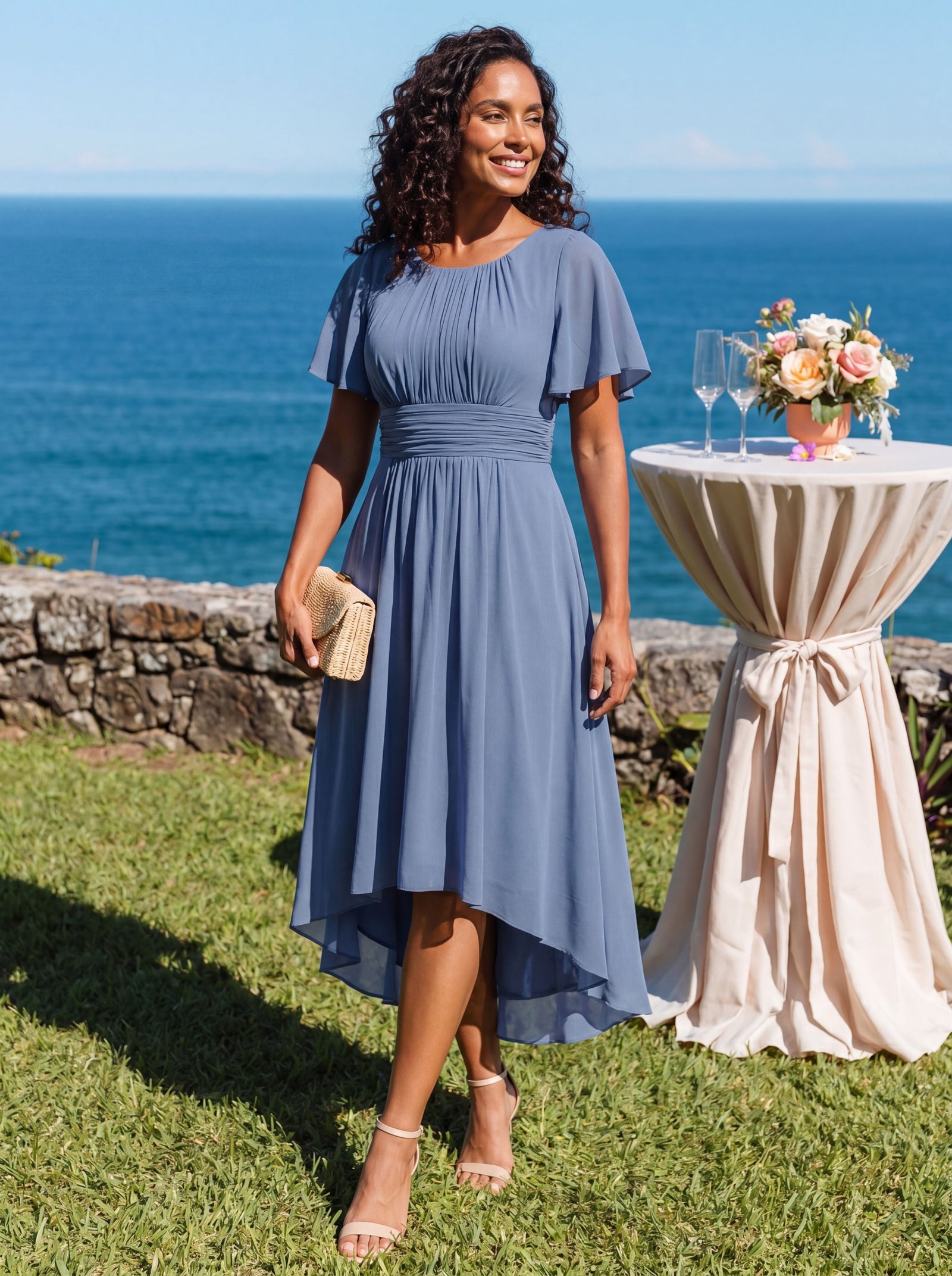 ever EDEN|Flowy Chiffon Round Neckline A-Line Knee Length Wedding Guest Dress