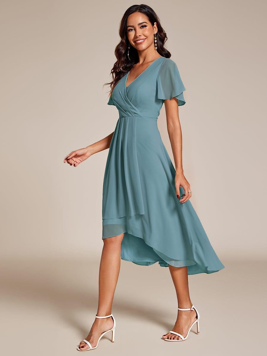 Deep V-Neck Chiffon Ruffle Sleeve Wedding Guest Dress