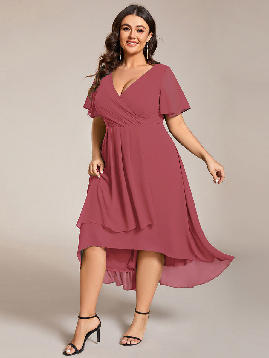 Deep V-Neck Chiffon Ruffle Sleeve Wedding Guest Dress