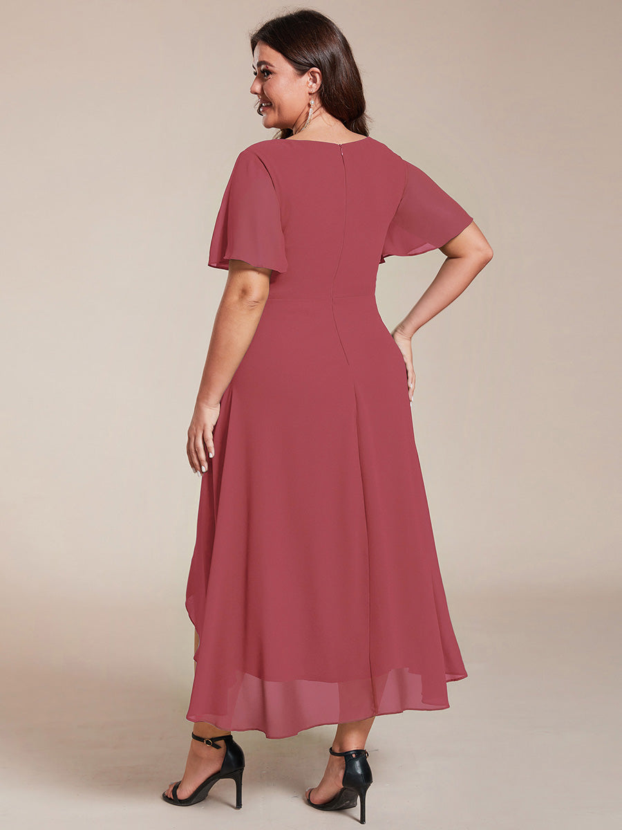 Deep V-Neck Chiffon Ruffle Sleeve Wedding Guest Dress