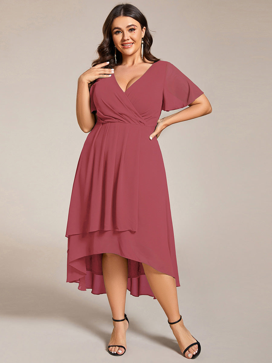 Deep V-Neck Chiffon Ruffle Sleeve Wedding Guest Dress