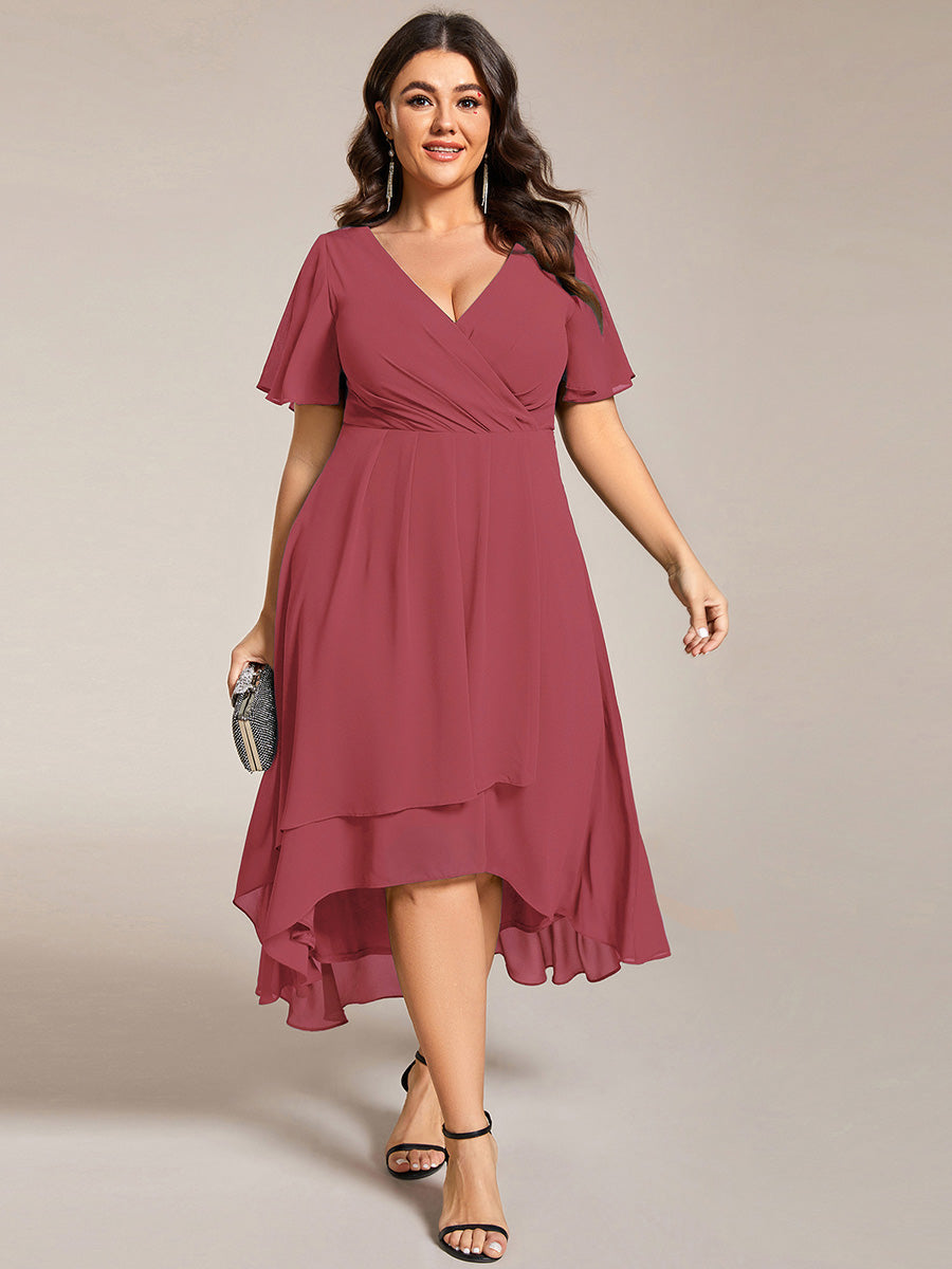 Deep V-Neck Chiffon Ruffle Sleeve Wedding Guest Dress
