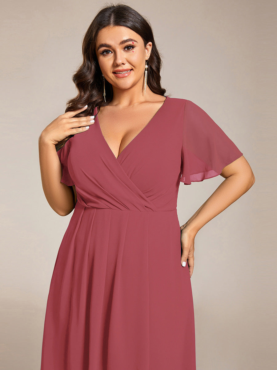 Deep V-Neck Chiffon Ruffle Sleeve Wedding Guest Dress