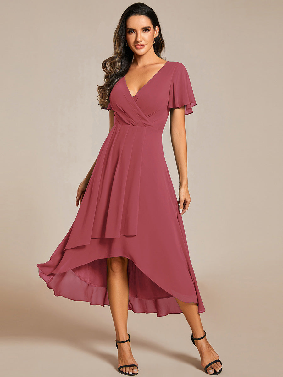 Deep V-Neck Chiffon Ruffle Sleeve Wedding Guest Dress