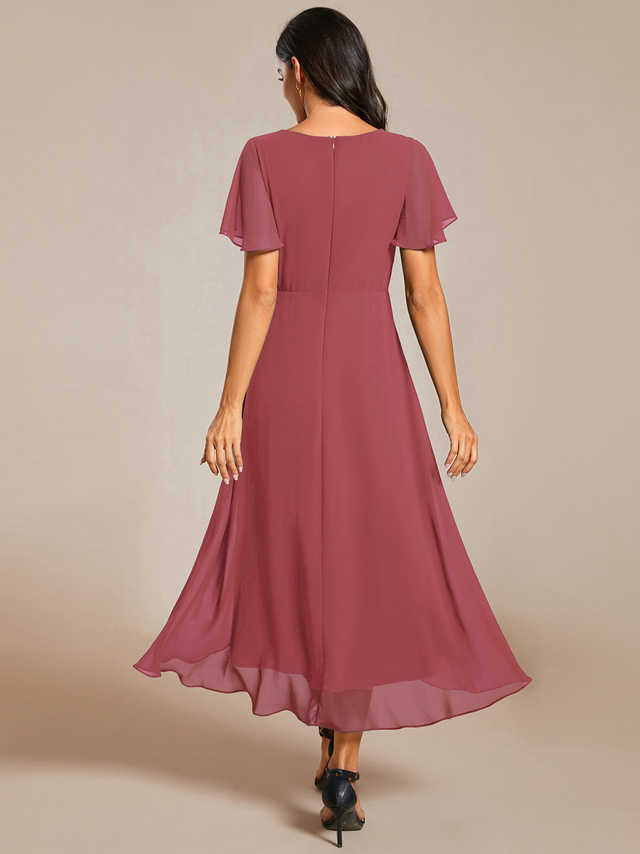 Deep V-Neck Chiffon Ruffle Sleeve Wedding Guest Dress