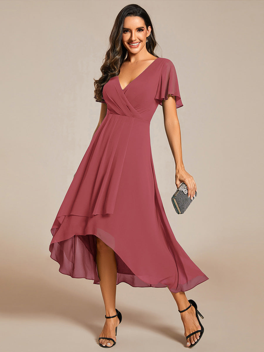 Deep V-Neck Chiffon Ruffle Sleeve Wedding Guest Dress