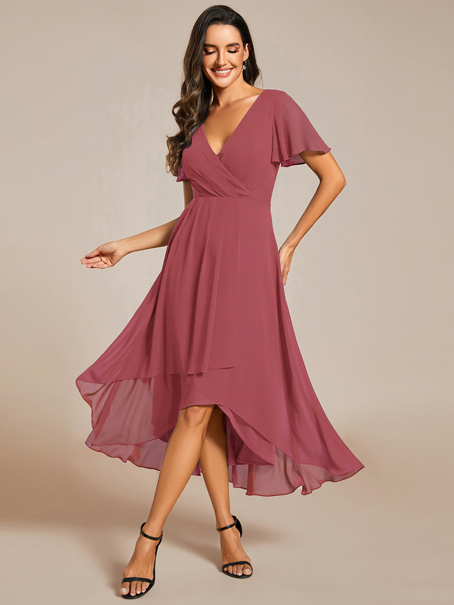 Deep V-Neck Chiffon Ruffle Sleeve Wedding Guest Dress