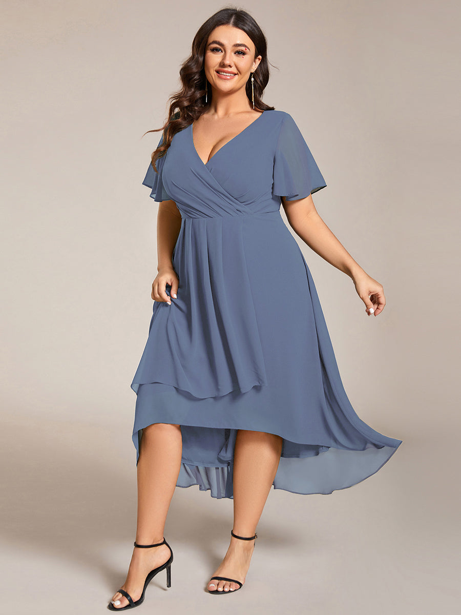 Deep V-Neck Chiffon Ruffle Sleeve Wedding Guest Dress