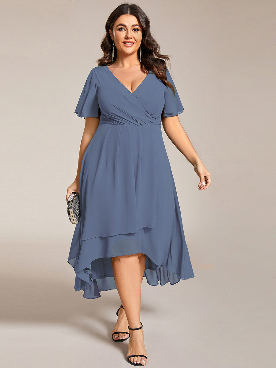 Deep V-Neck Chiffon Ruffle Sleeve Wedding Guest Dress