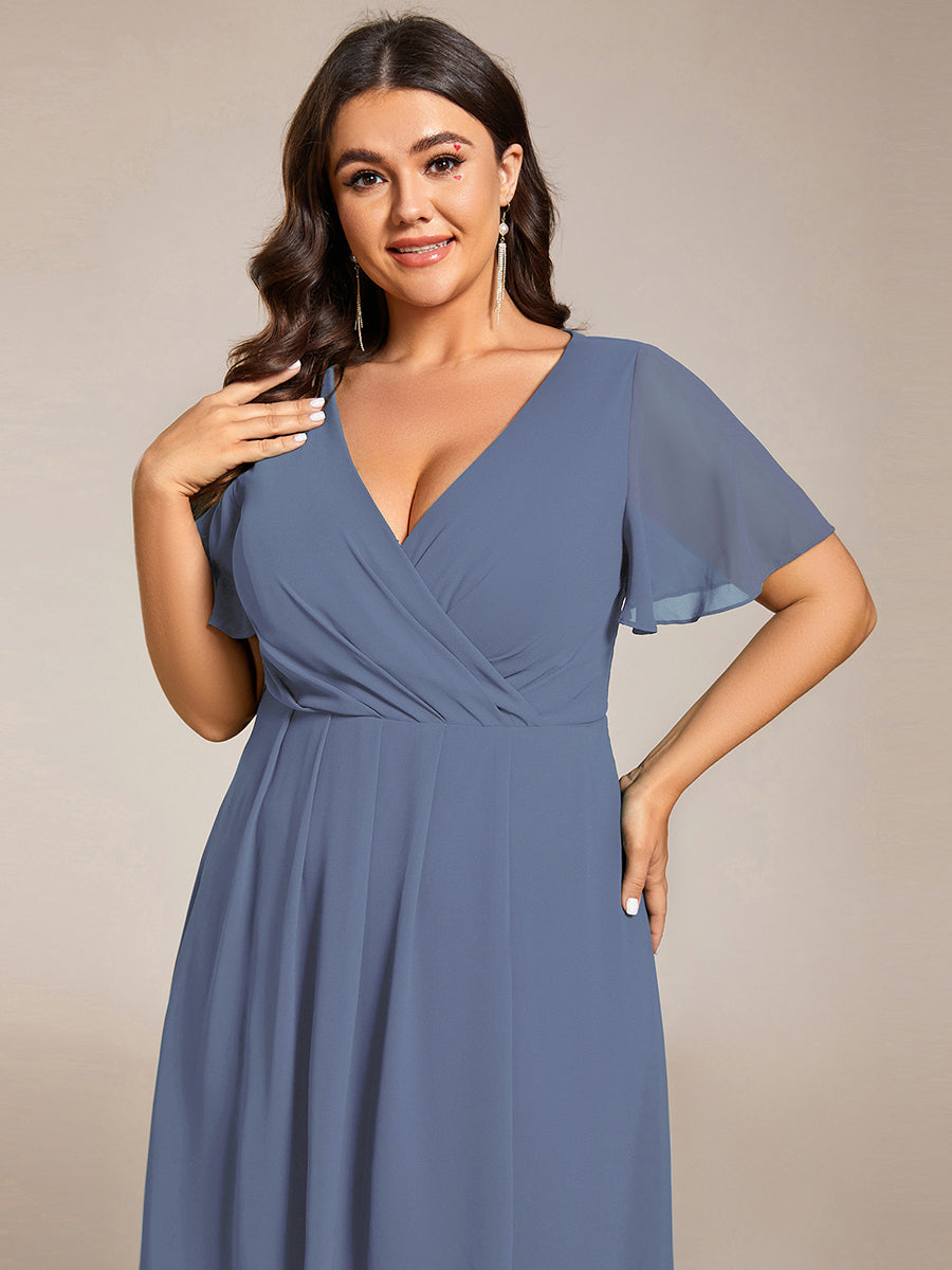 Deep V-Neck Chiffon Ruffle Sleeve Wedding Guest Dress