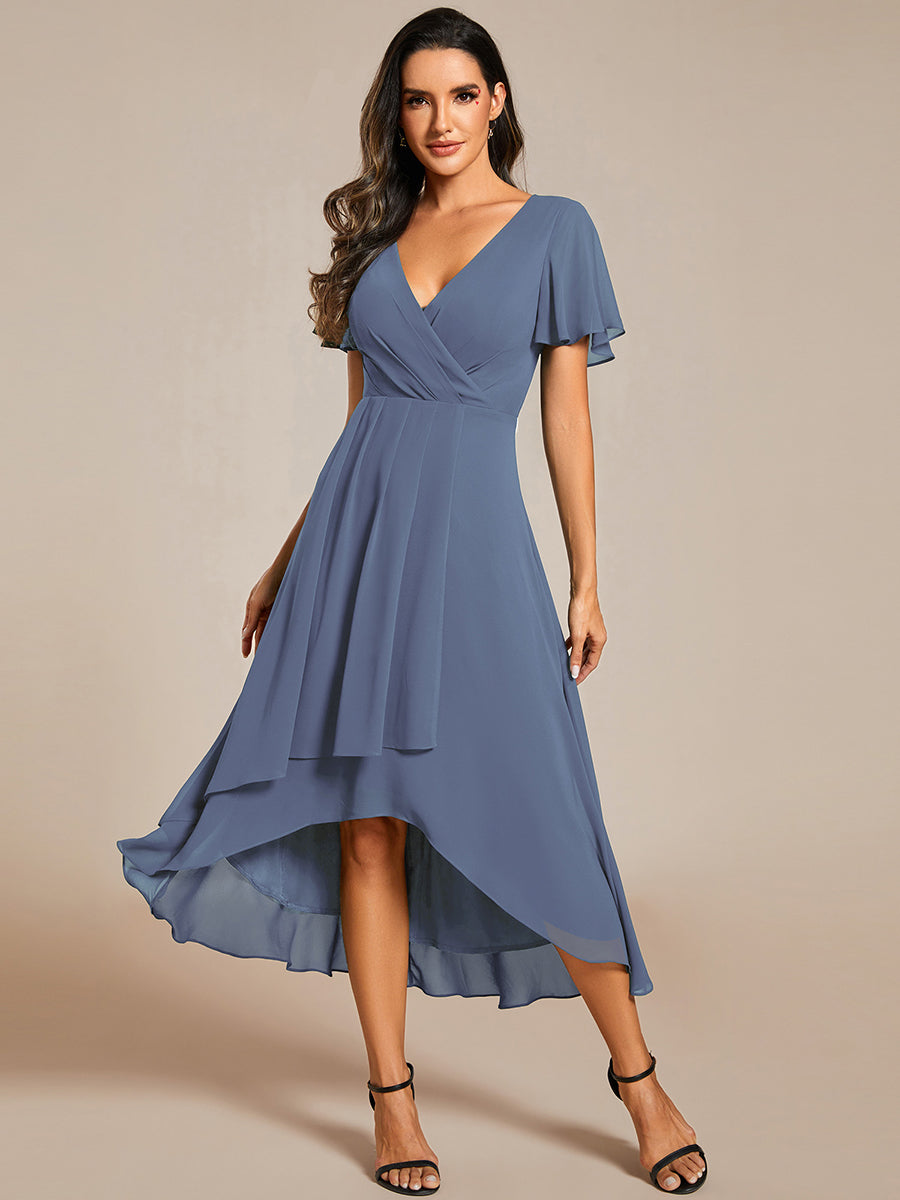 Deep V-Neck Chiffon Ruffle Sleeve Wedding Guest Dress