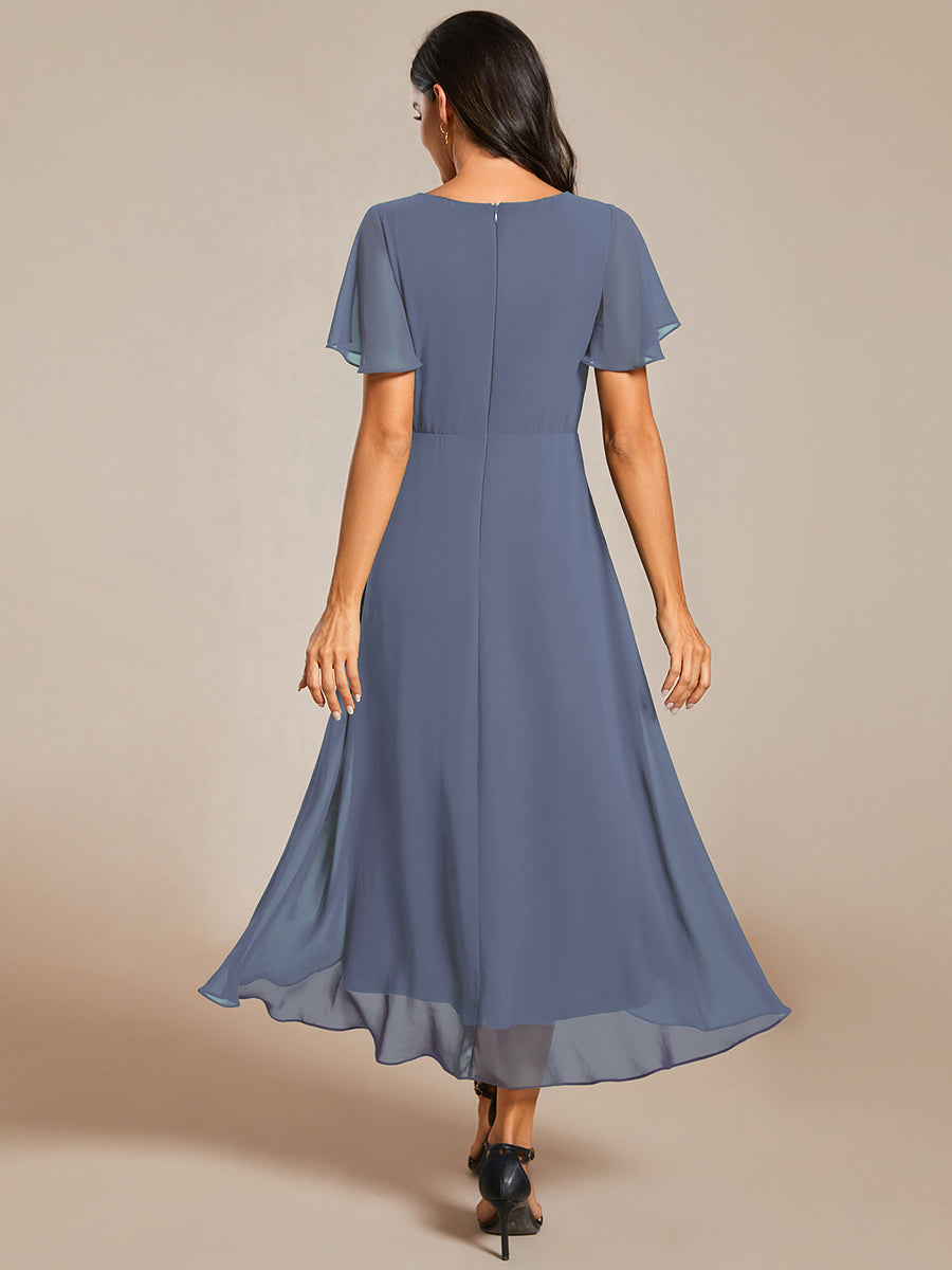 Deep V-Neck Chiffon Ruffle Sleeve Wedding Guest Dress