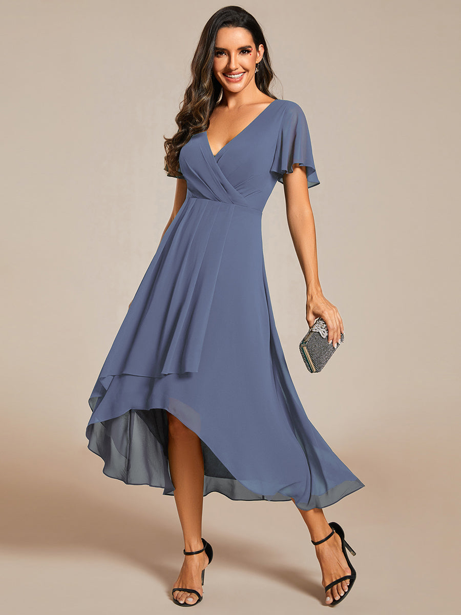 Deep V-Neck Chiffon Ruffle Sleeve Wedding Guest Dress