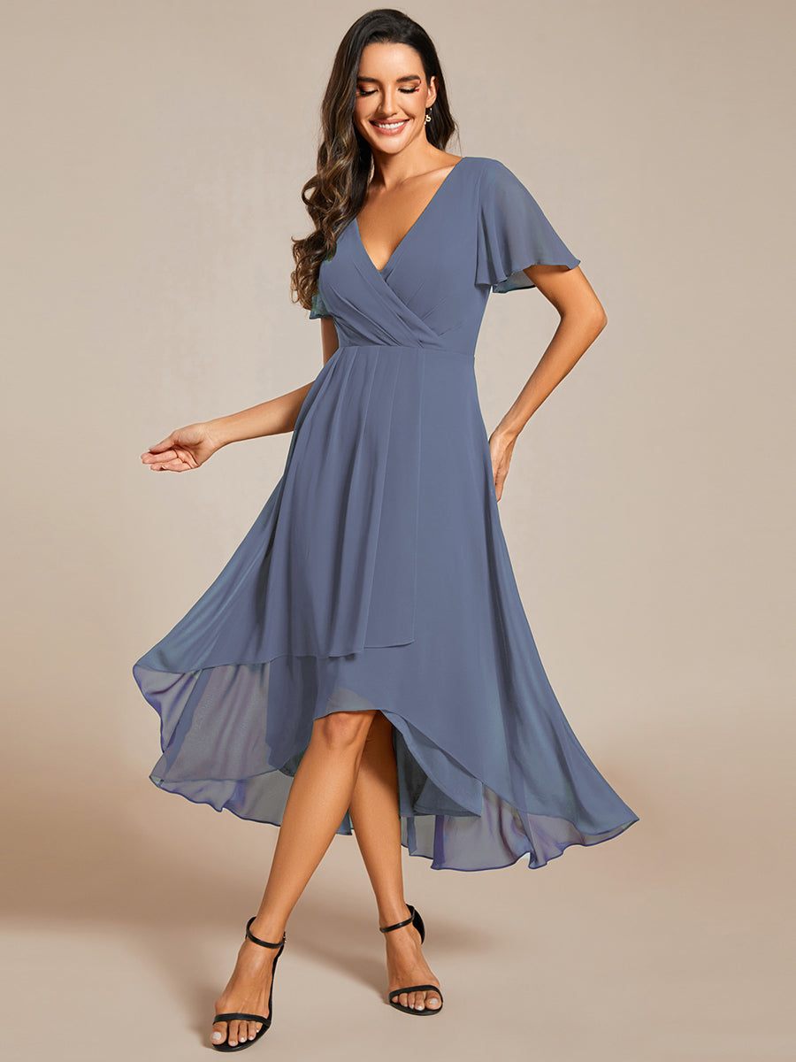 Deep V-Neck Chiffon Ruffle Sleeve Wedding Guest Dress
