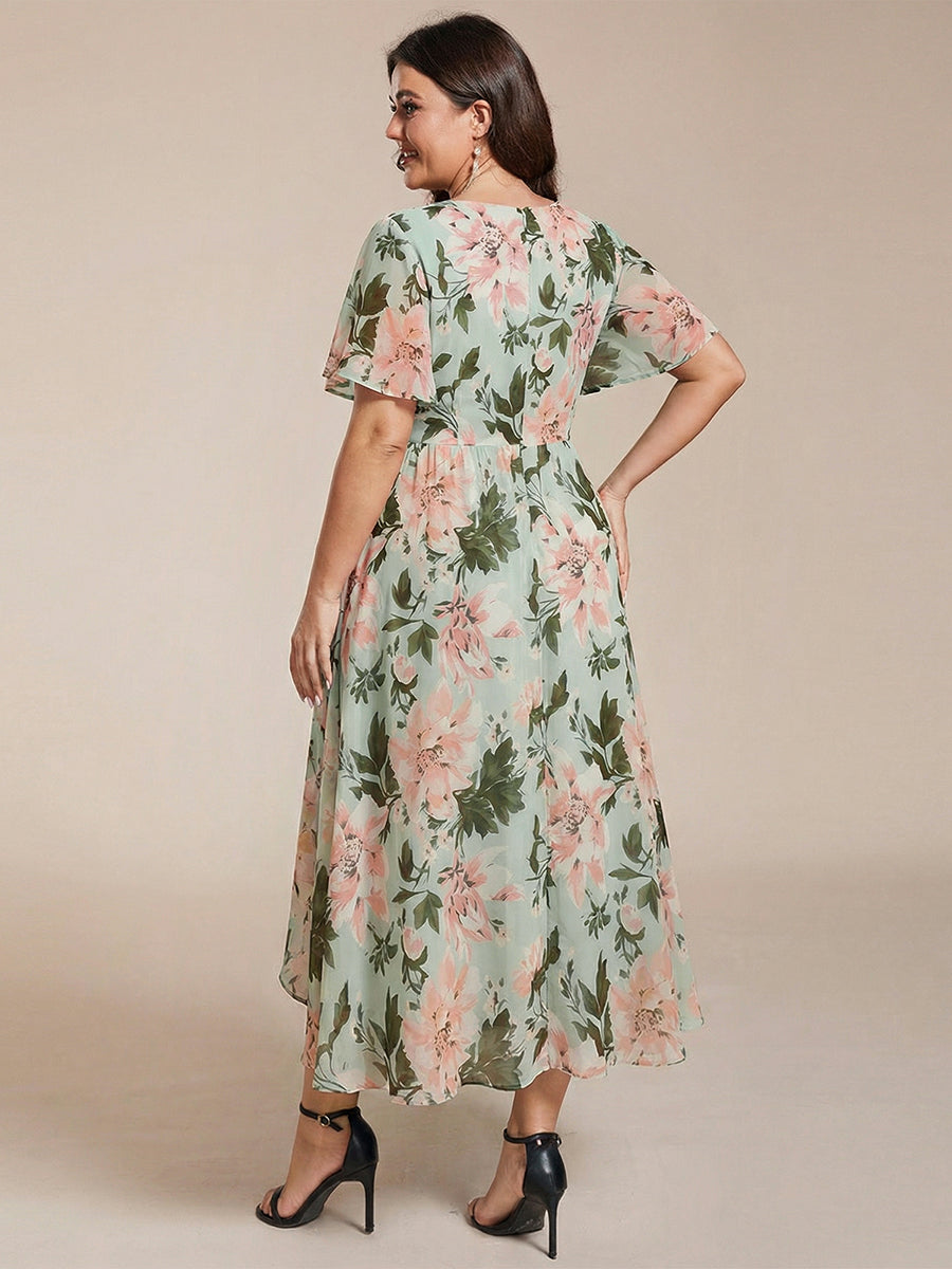 Deep V-Neck Chiffon Ruffle Sleeve Wedding Guest Dress
