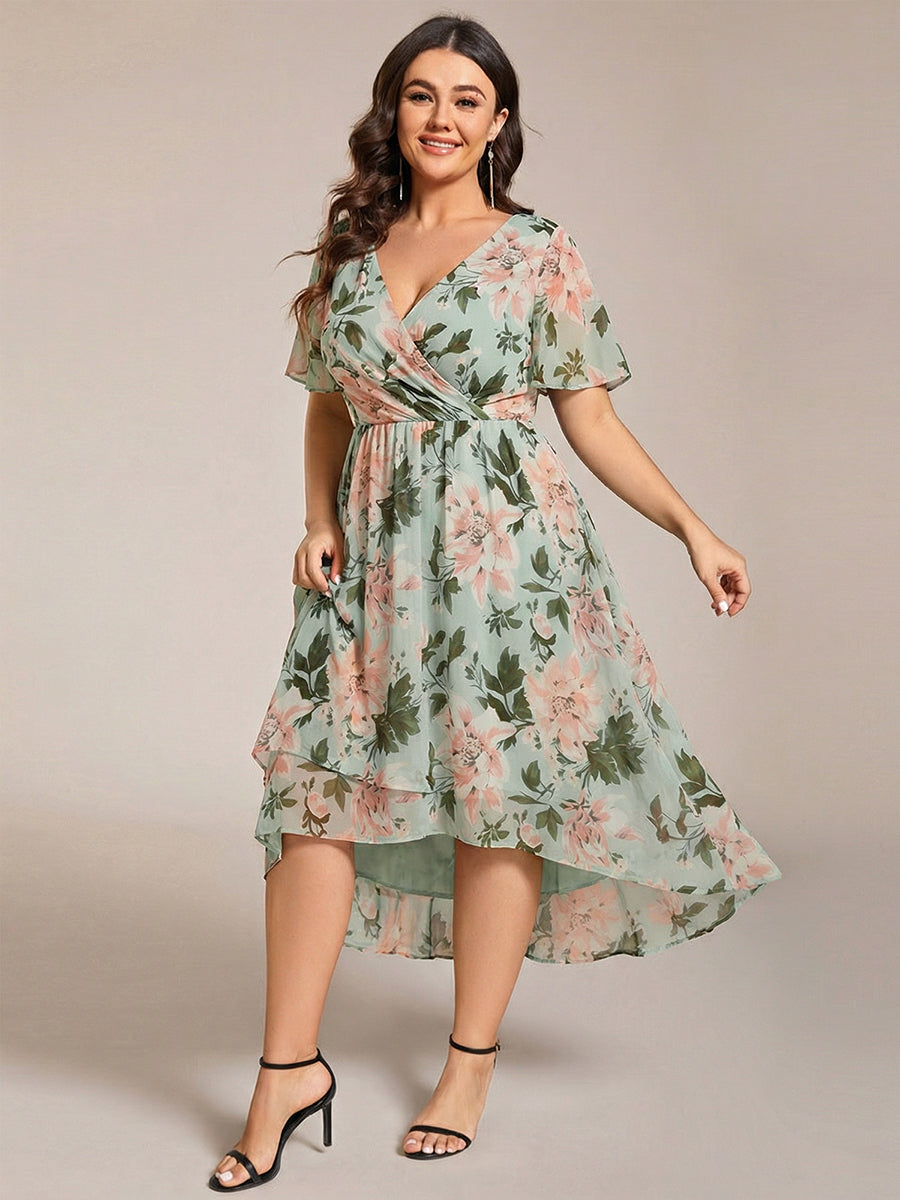 Deep V-Neck Chiffon Ruffle Sleeve Wedding Guest Dress