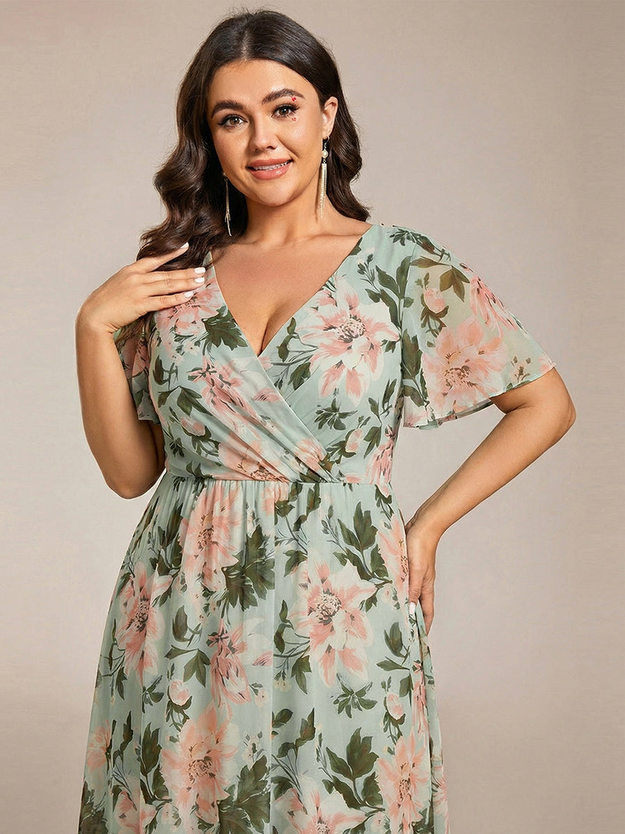 Deep V-Neck Chiffon Ruffle Sleeve Wedding Guest Dress