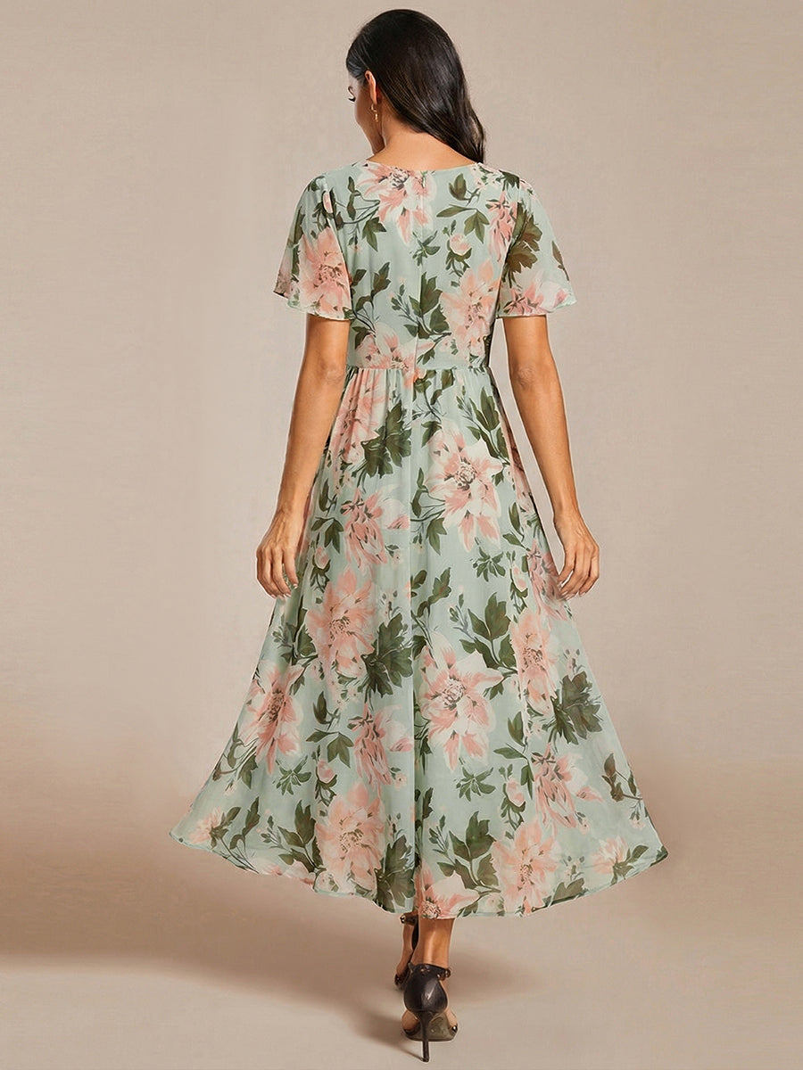 Deep V-Neck Chiffon Ruffle Sleeve Wedding Guest Dress