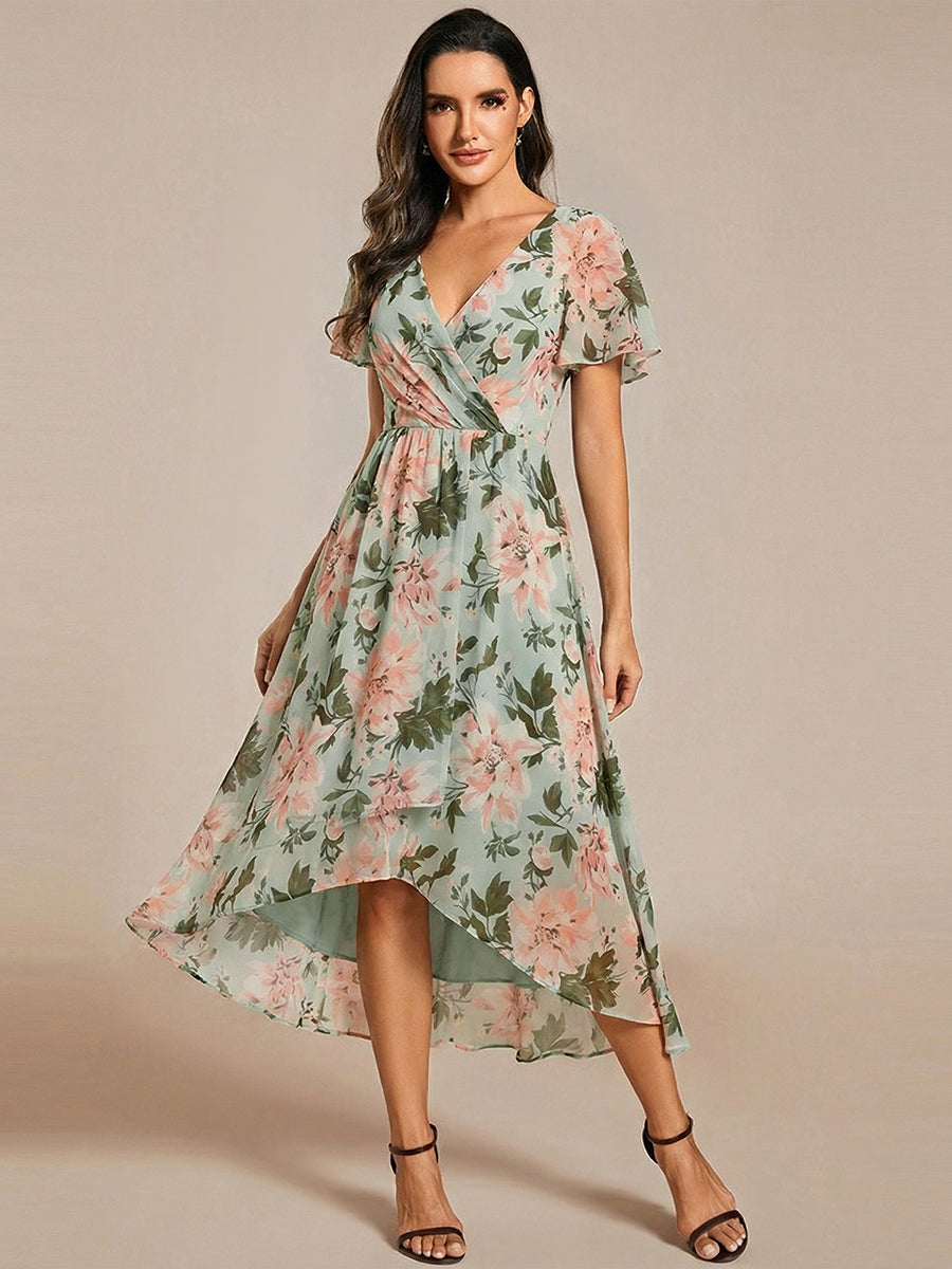 Deep V-Neck Chiffon Ruffle Sleeve Wedding Guest Dress