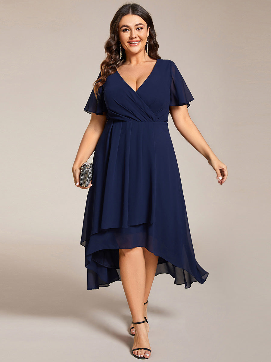 Deep V-Neck Chiffon Ruffle Sleeve Wedding Guest Dress