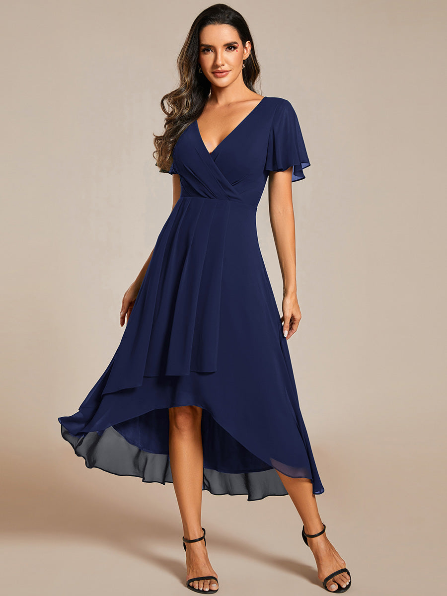 Deep V-Neck Chiffon Ruffle Sleeve Wedding Guest Dress