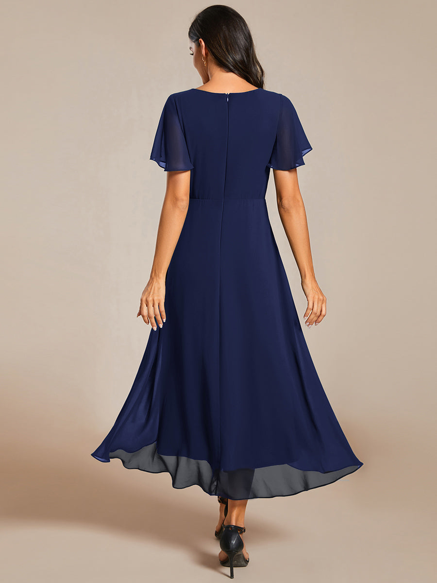 Deep V-Neck Chiffon Ruffle Sleeve Wedding Guest Dress