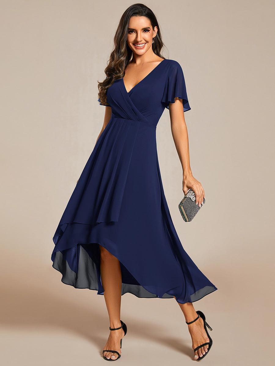 Deep V-Neck Chiffon Ruffle Sleeve Wedding Guest Dress