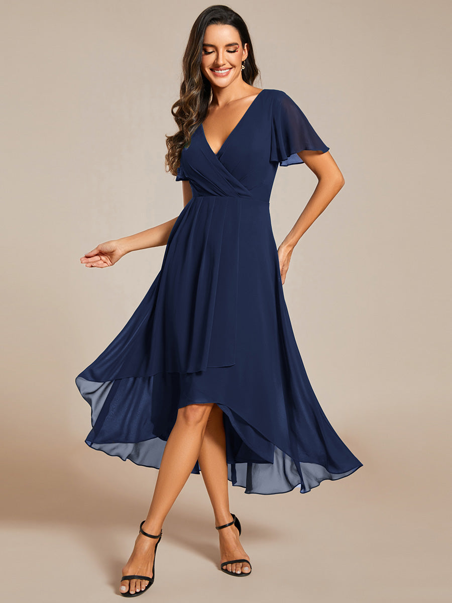 Deep V-Neck Chiffon Ruffle Sleeve Wedding Guest Dress