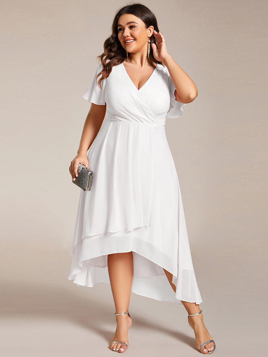 Deep V-Neck Chiffon Ruffle Sleeve Wedding Guest Dress
