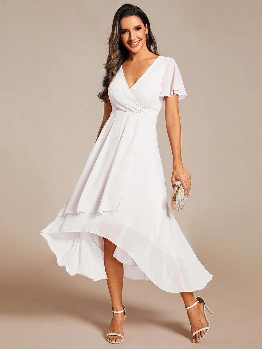 Deep V-Neck Chiffon Ruffle Sleeve Wedding Guest Dress