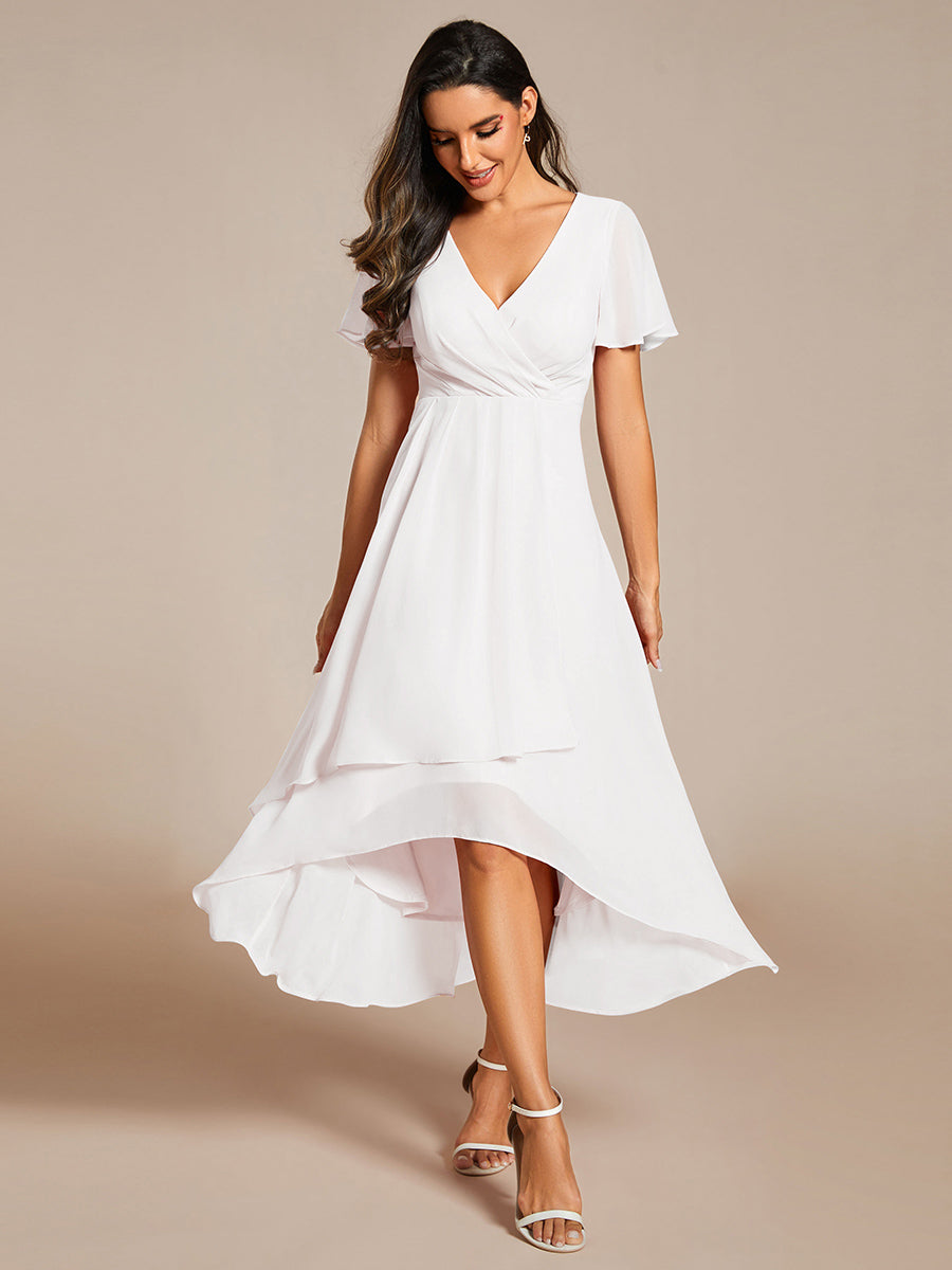 Deep V-Neck Chiffon Ruffle Sleeve Wedding Guest Dress