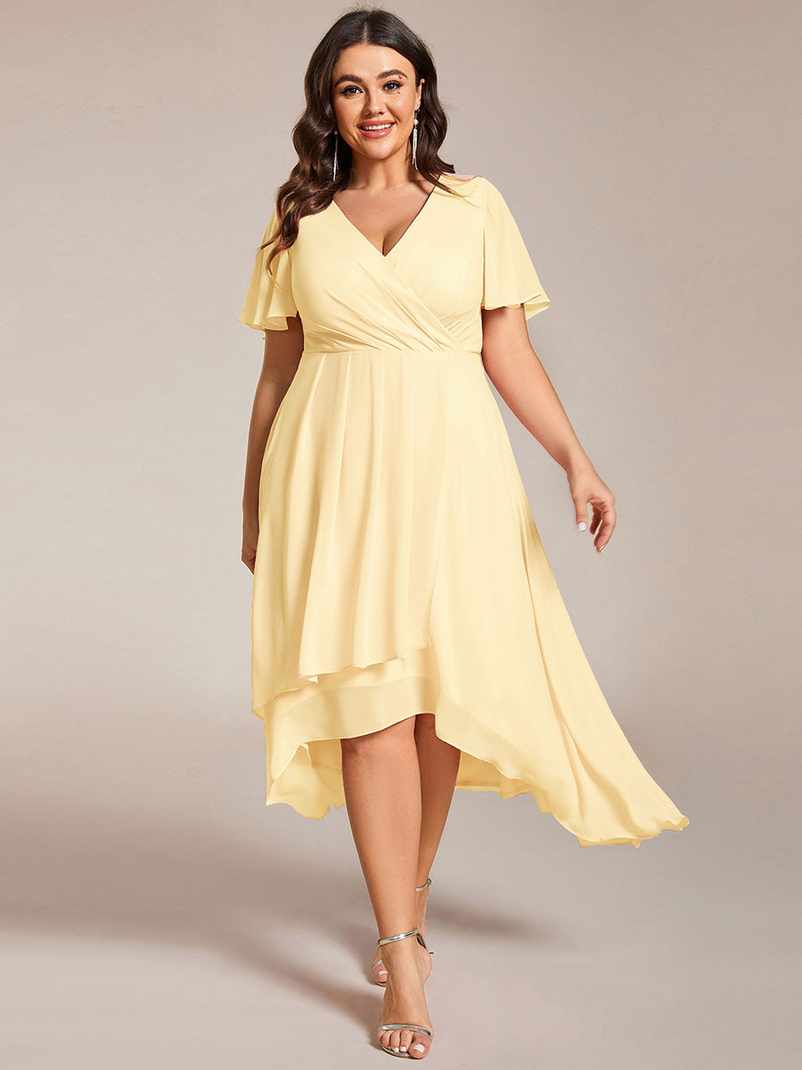 Deep V-Neck Chiffon Ruffle Sleeve Wedding Guest Dress