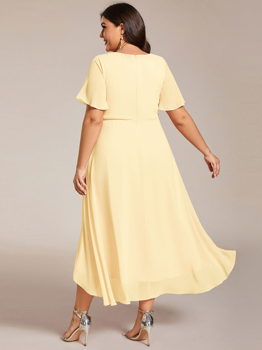 Deep V-Neck Chiffon Ruffle Sleeve Wedding Guest Dress