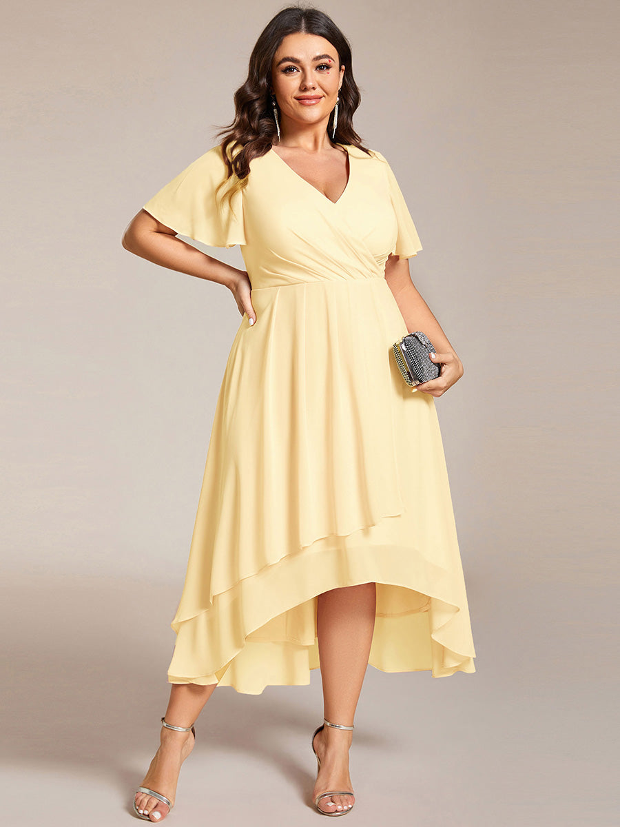 Deep V-Neck Chiffon Ruffle Sleeve Wedding Guest Dress