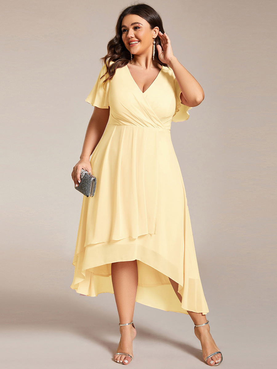 Deep V-Neck Chiffon Ruffle Sleeve Wedding Guest Dress