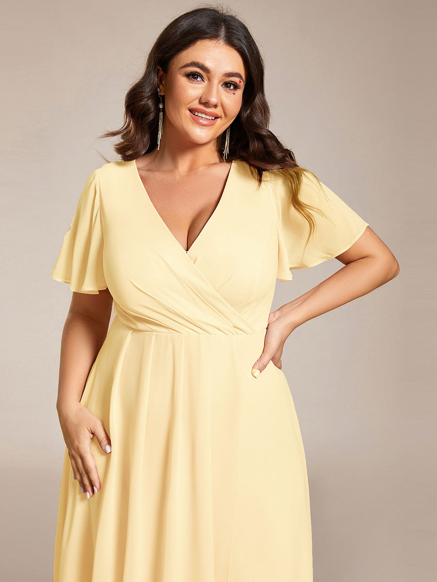 Deep V-Neck Chiffon Ruffle Sleeve Wedding Guest Dress