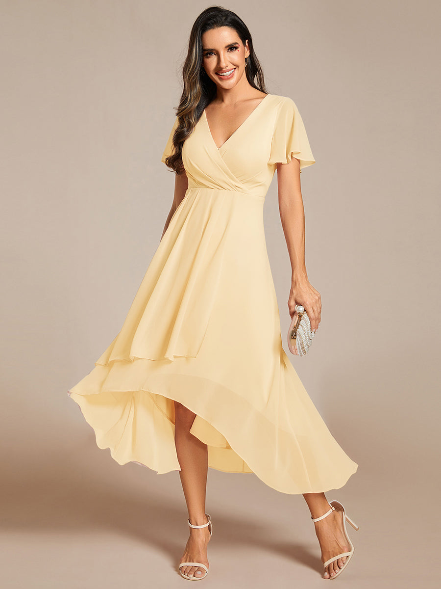 Deep V-Neck Chiffon Ruffle Sleeve Wedding Guest Dress