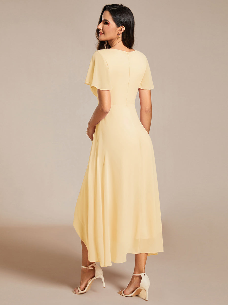 Deep V-Neck Chiffon Ruffle Sleeve Wedding Guest Dress