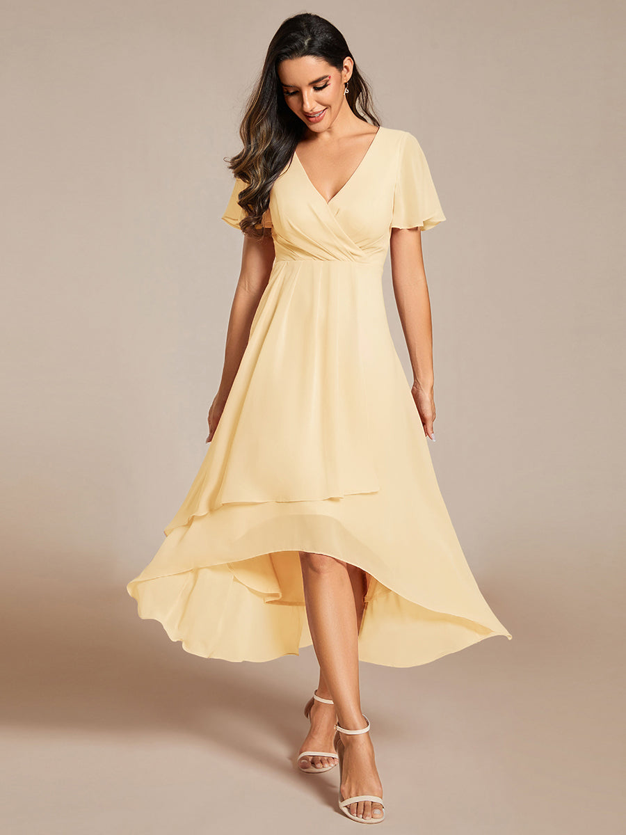 Deep V-Neck Chiffon Ruffle Sleeve Wedding Guest Dress