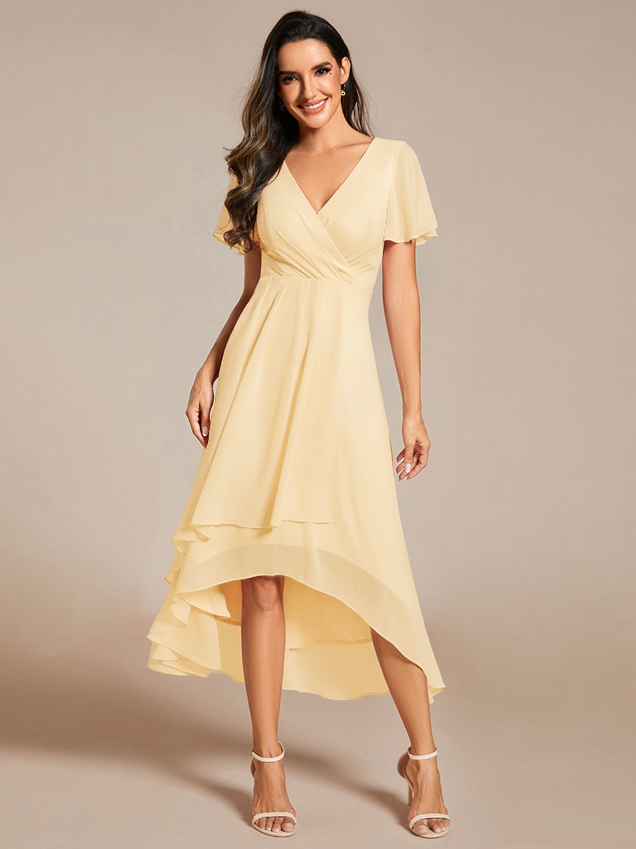 Deep V-Neck Chiffon Ruffle Sleeve Wedding Guest Dress