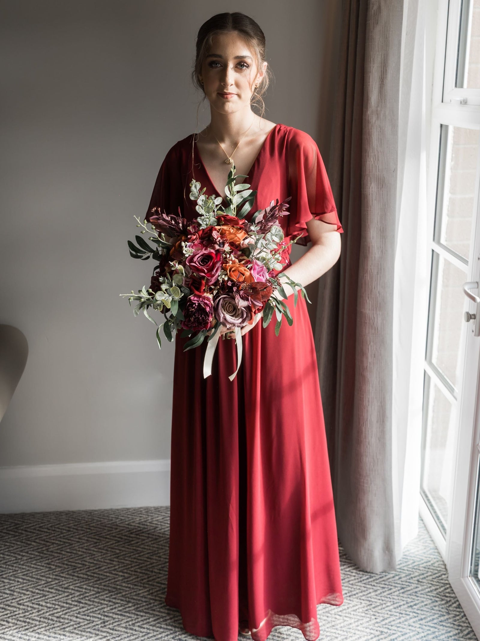 ever DAHLIA|Short Sleeves V-Neck Tea Length Wedding Guest Dress with Floral Applique