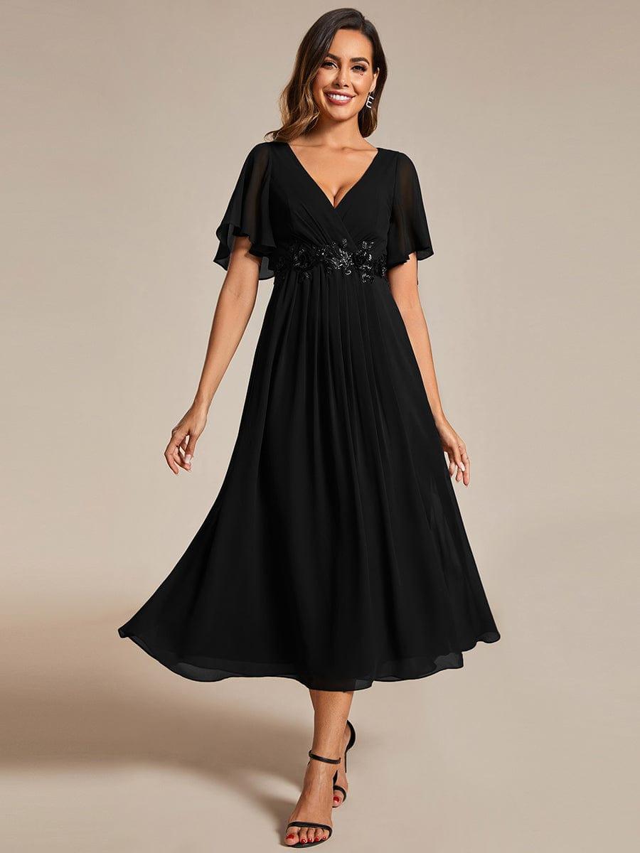 ever DAHLIA|Short Sleeves V-Neck Tea Length Wedding Guest Dress with Floral Applique