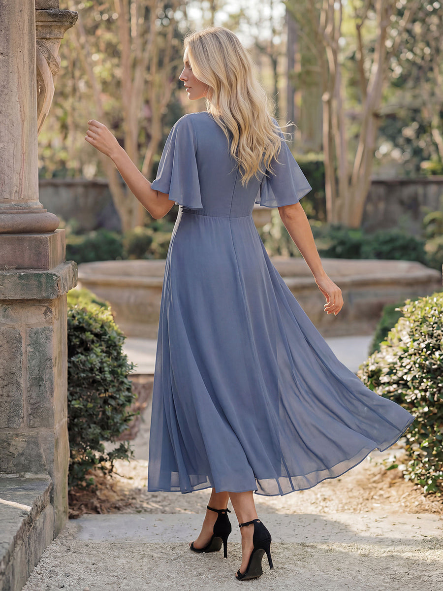 ever DAHLIA|Short Sleeves V-Neck Tea Length Wedding Guest Dress with Floral Applique