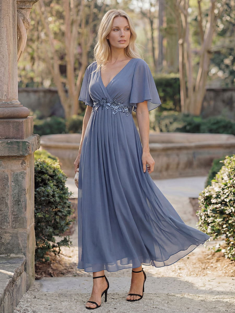 ever DAHLIA|Short Sleeves V-Neck Tea Length Wedding Guest Dress with Floral Applique