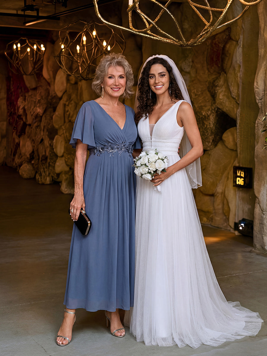 ever DAHLIA|Short Sleeve V Neck Knee Length Mother of the Bride Dress