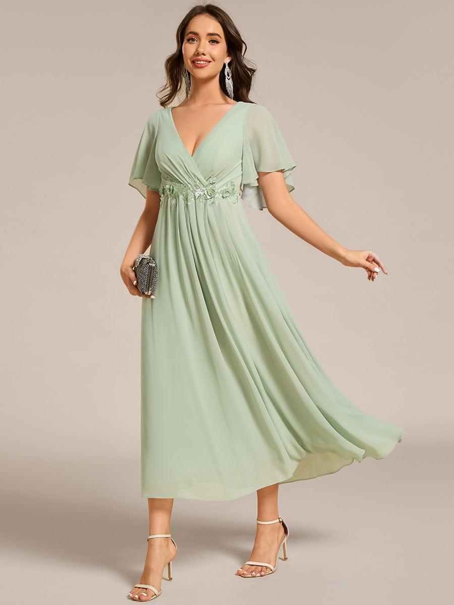 ever DAHLIA|Short Sleeves V-Neck Tea Length Wedding Guest Dress with Floral Applique