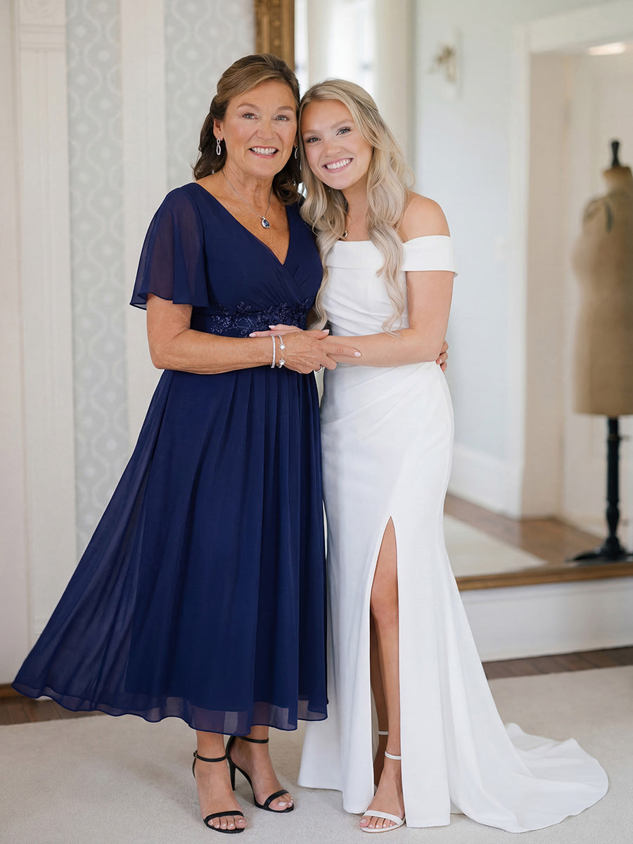 ever DAHLIA|Short Sleeve V Neck Knee Length Mother of the Bride Dress