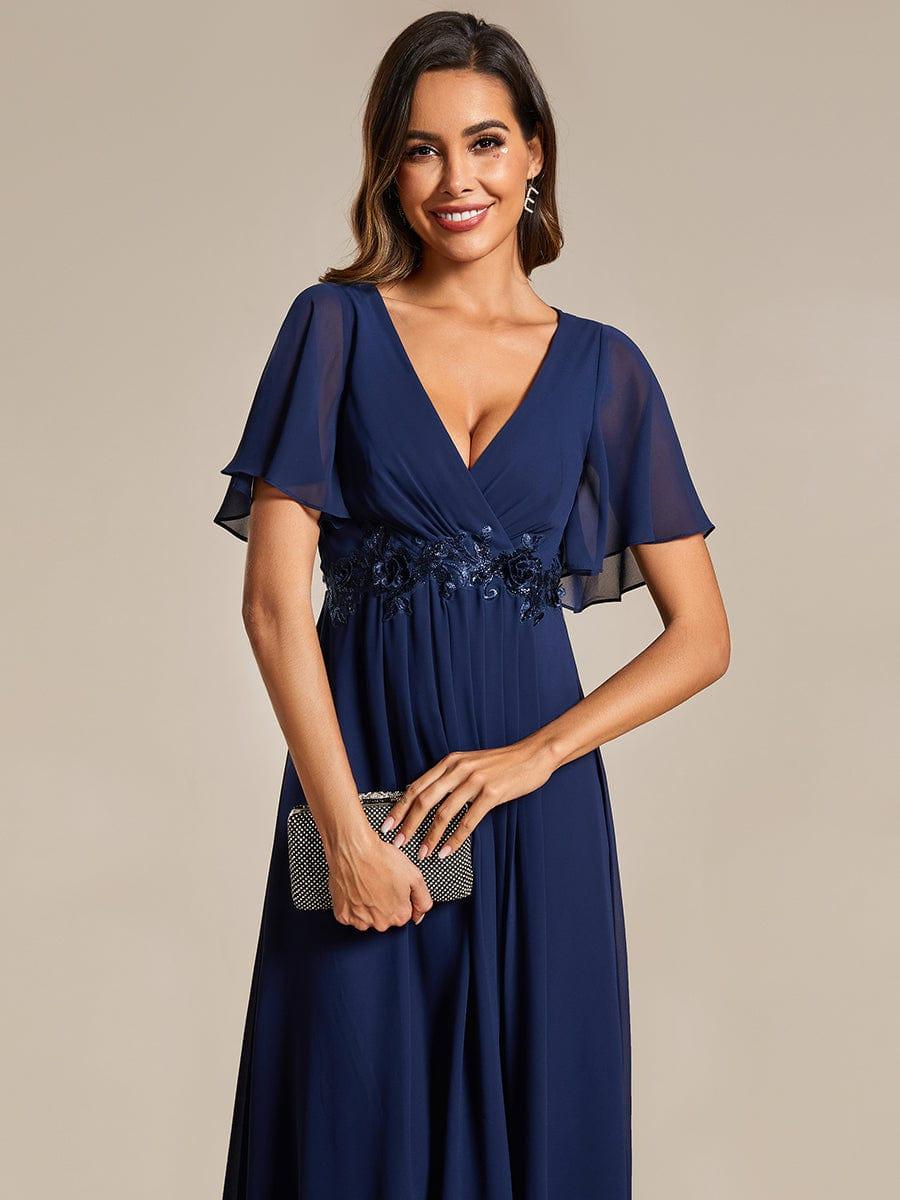 ever DAHLIA|Short Sleeves V-Neck Tea Length Wedding Guest Dress with Floral Applique